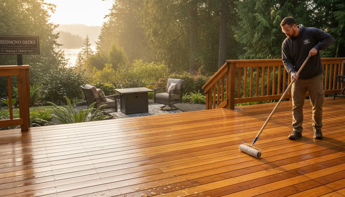 Professional deck staining in Redmond WA enhancing wood beauty and protecting outdoor decks from moisture