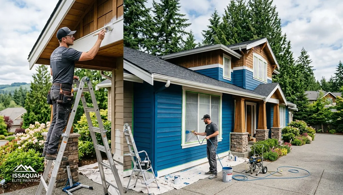 Professional house painters applying exterior paint on Redmond WA home by paintersredmondwa.com