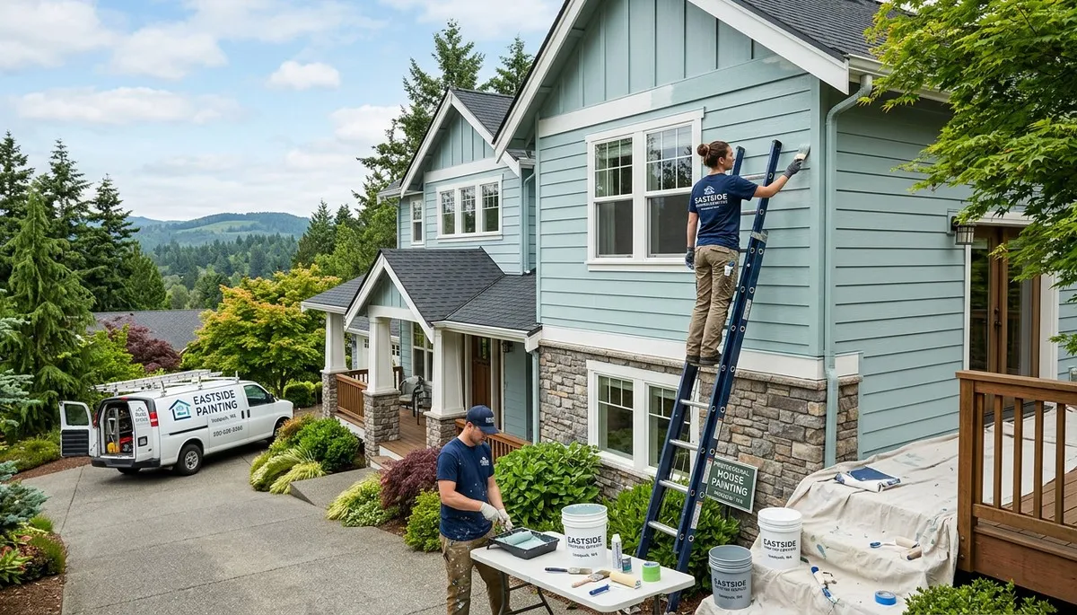 Professional house painters working on exterior home repaint in Redmond, WA
