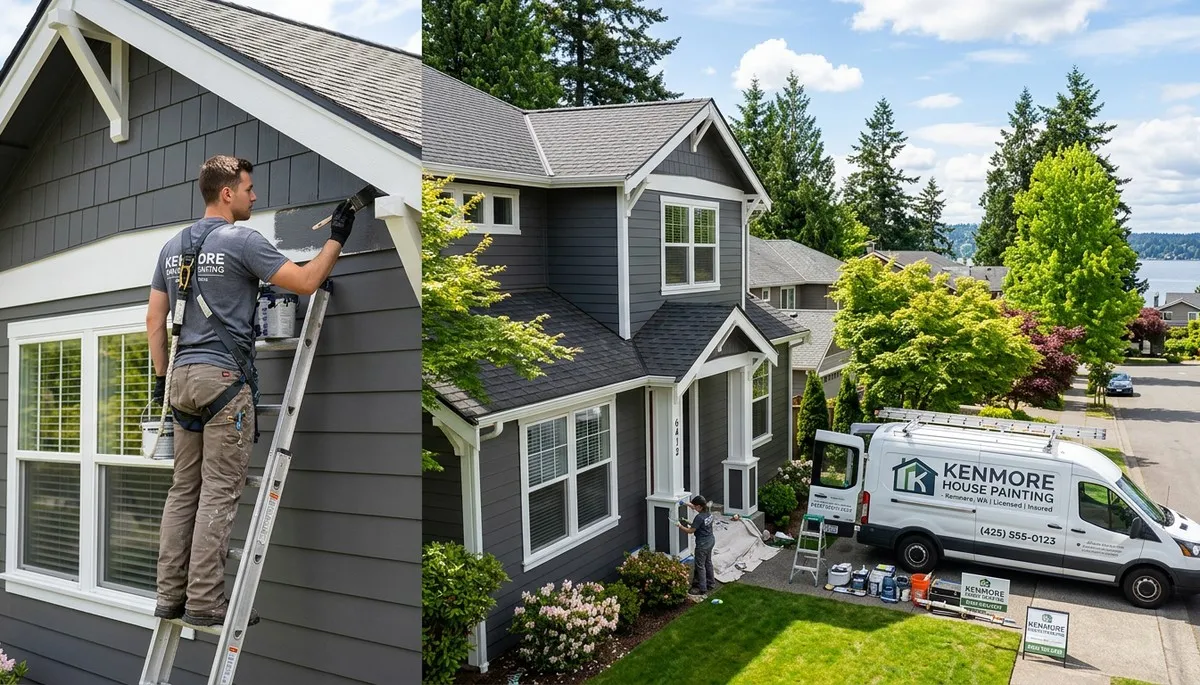 Professional house painters in Redmond WA applying fresh exterior paint to a suburban home