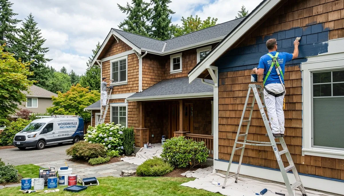 Professional house painters working on residential exterior in Redmond WA