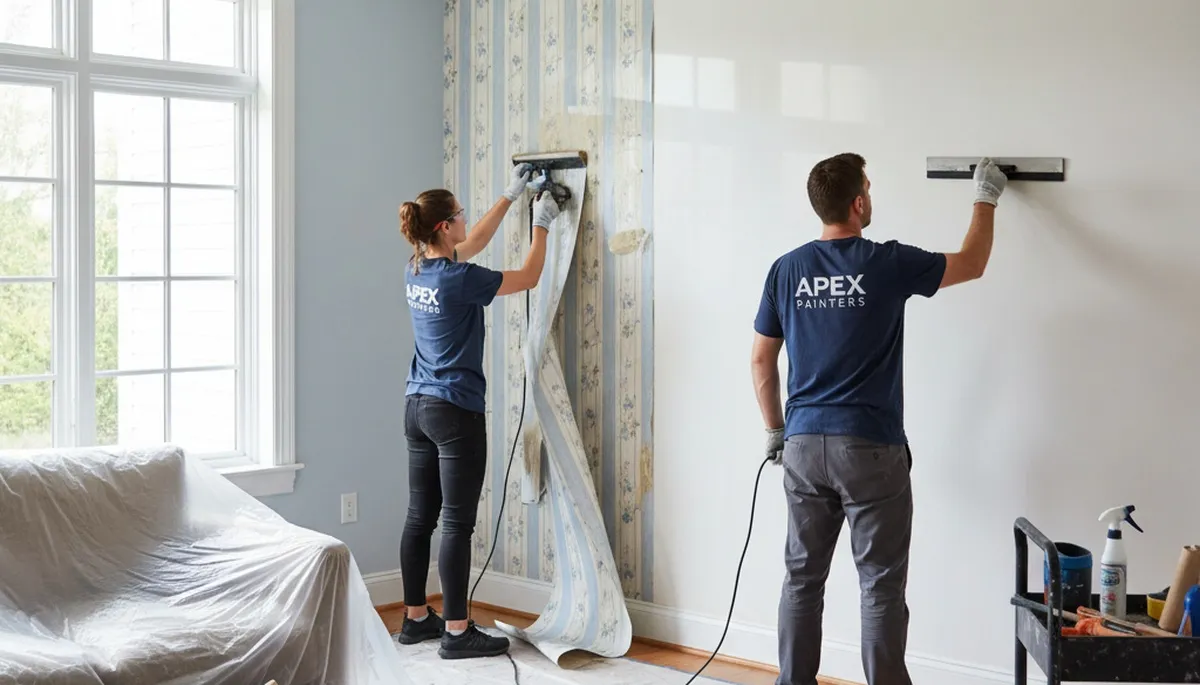 Professional wallpaper removal by house painters in Redmond, WA preparing walls for new paint